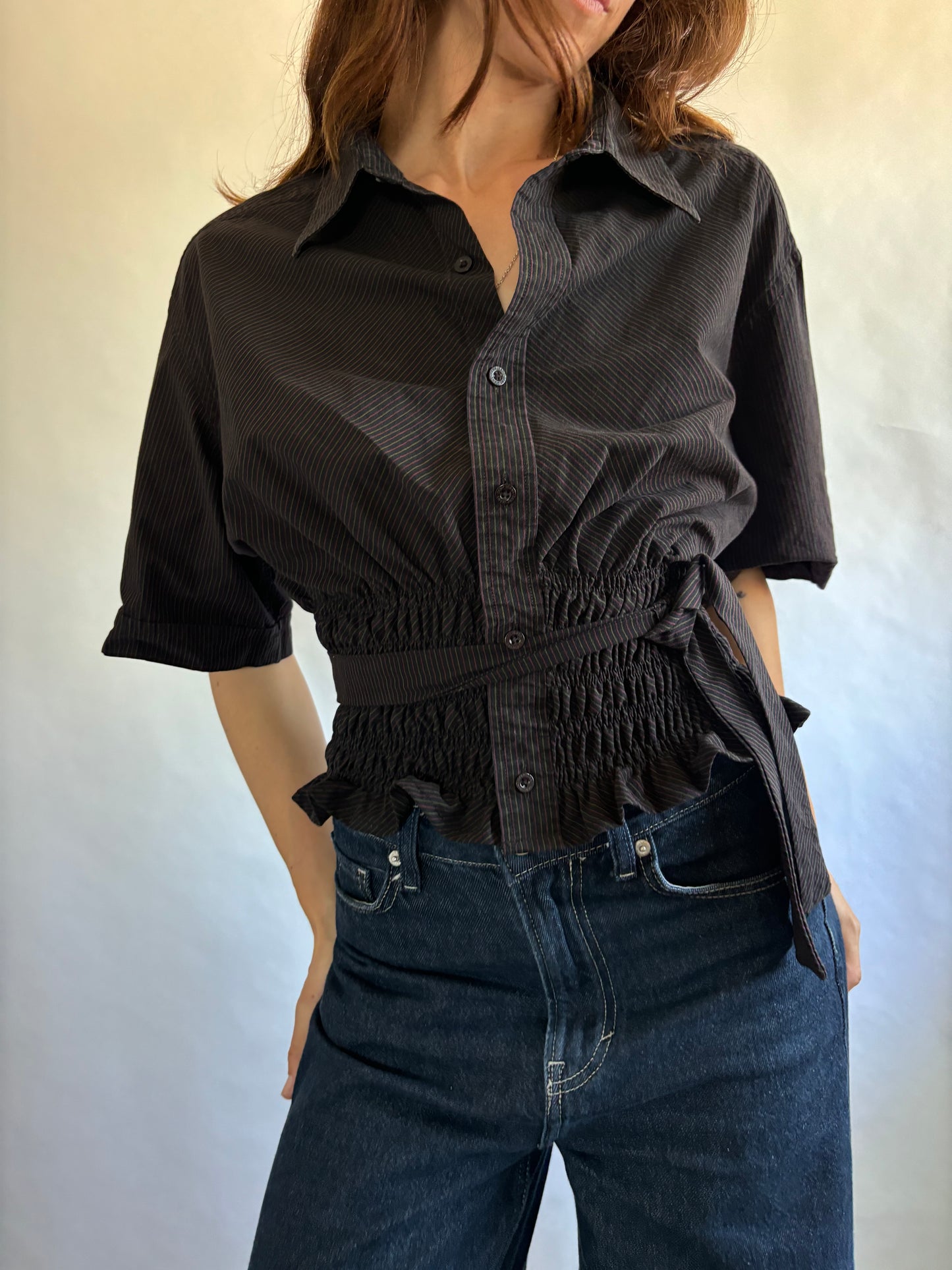 Marielle Top / Black Subtle Pink & Green Stripes Short Sleeve/ ML
