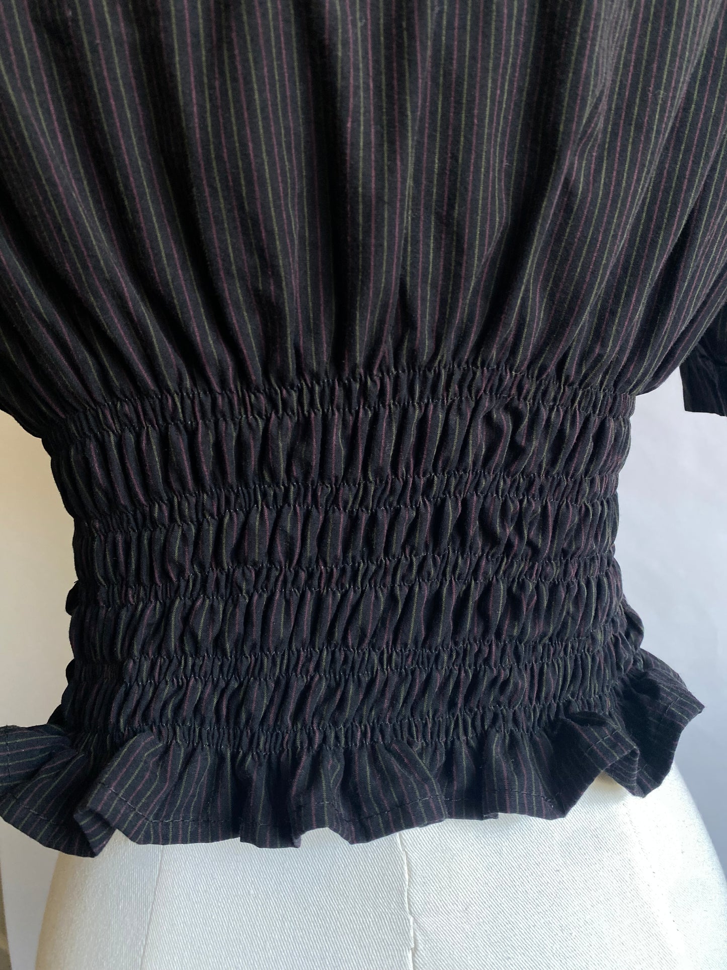 Marielle Top / Black Subtle Pink & Green Stripes Short Sleeve/ ML