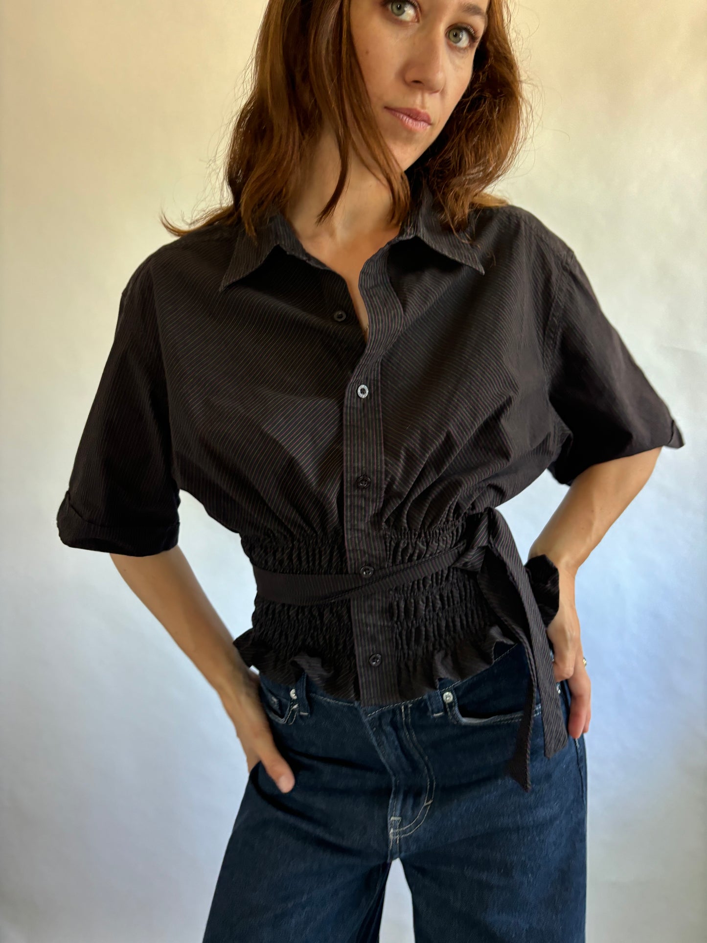Marielle Top / Black Subtle Pink & Green Stripes Short Sleeve/ ML