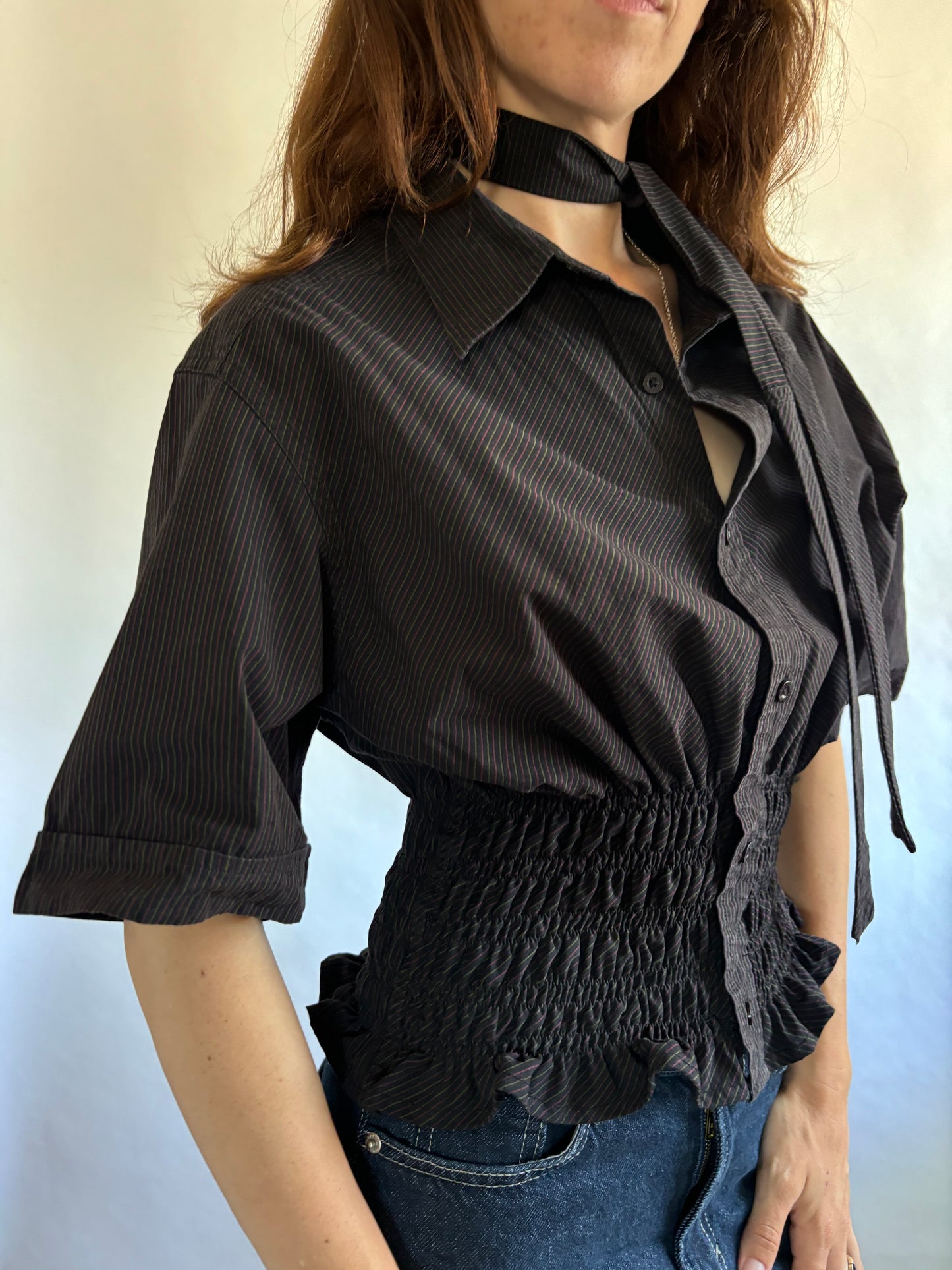 Marielle Top / Black Subtle Pink & Green Stripes Short Sleeve/ ML