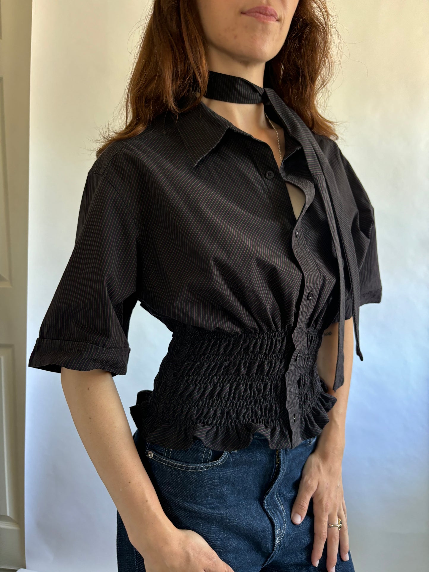 Marielle Top / Black Subtle Pink & Green Stripes Short Sleeve/ ML