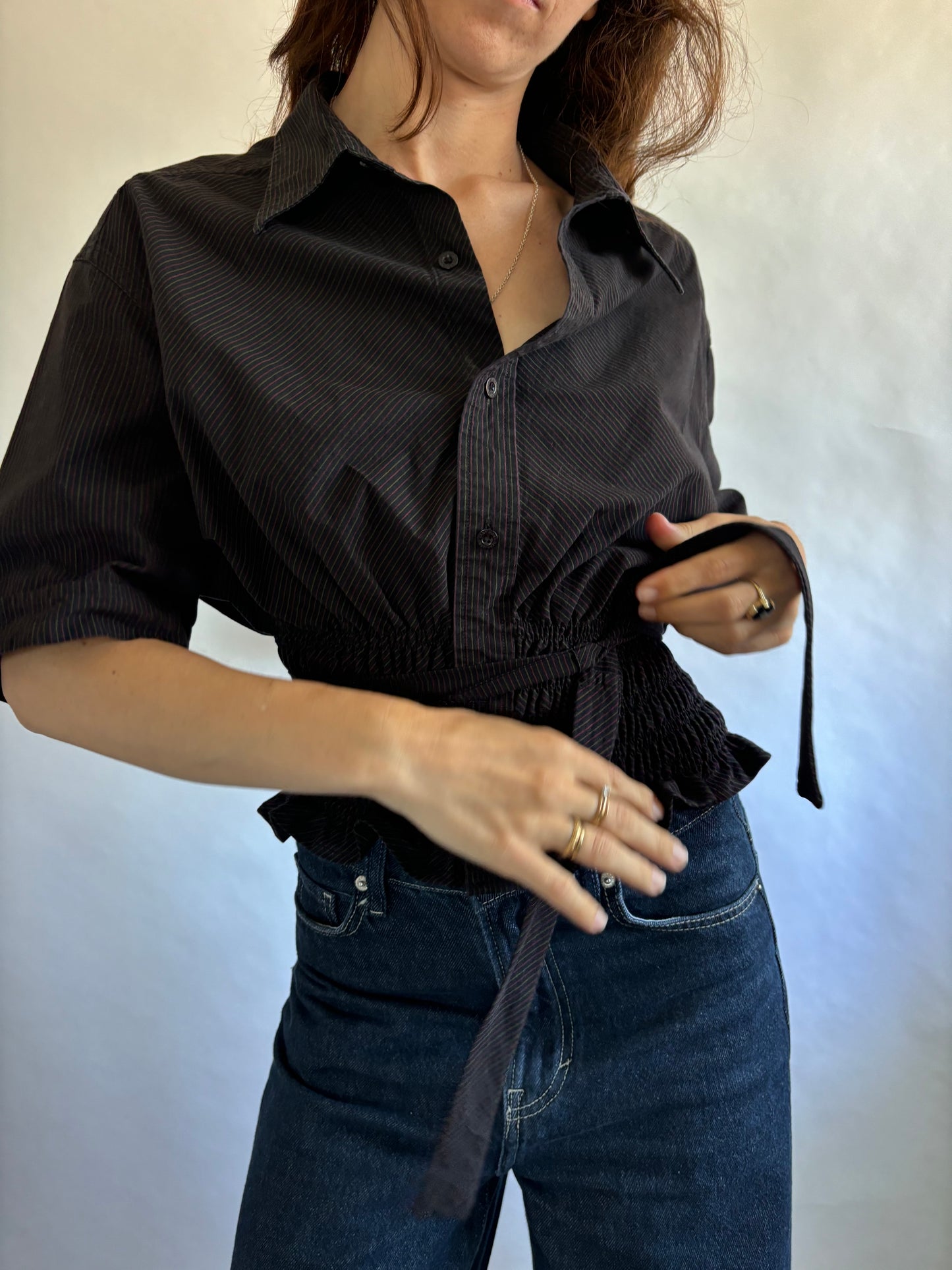 Marielle Top / Black Subtle Pink & Green Stripes Short Sleeve/ ML