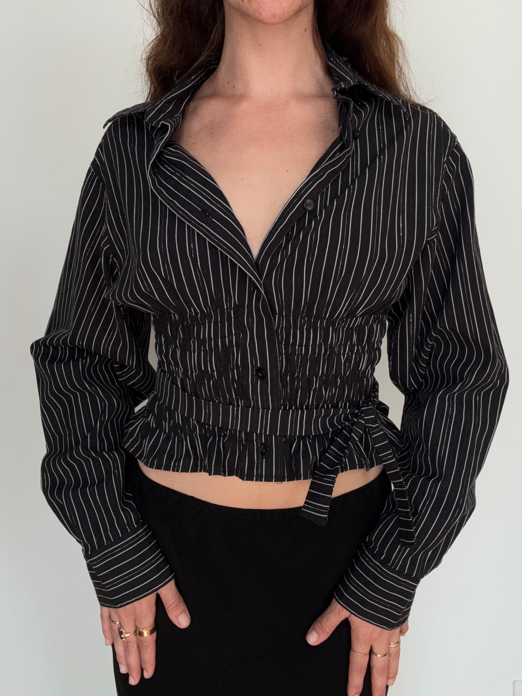 MARIELLE TOP in Black Stripes with Silver Thread (S/M)