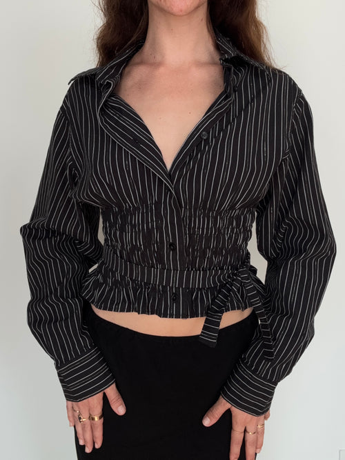 MARIELLE TOP in Black Stripes with Silver Thread (S/M)