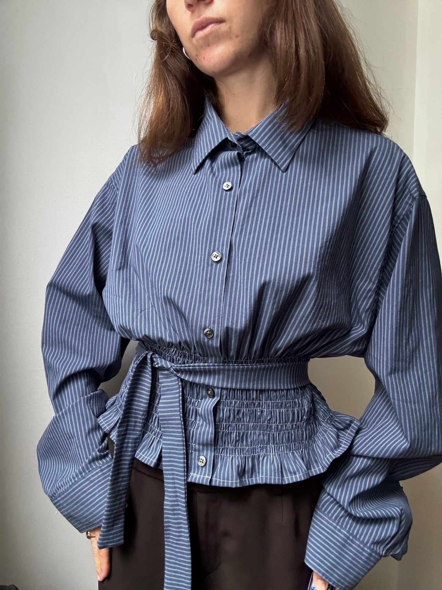 Marielle Top / Blue & Gray Stripes / L-XL