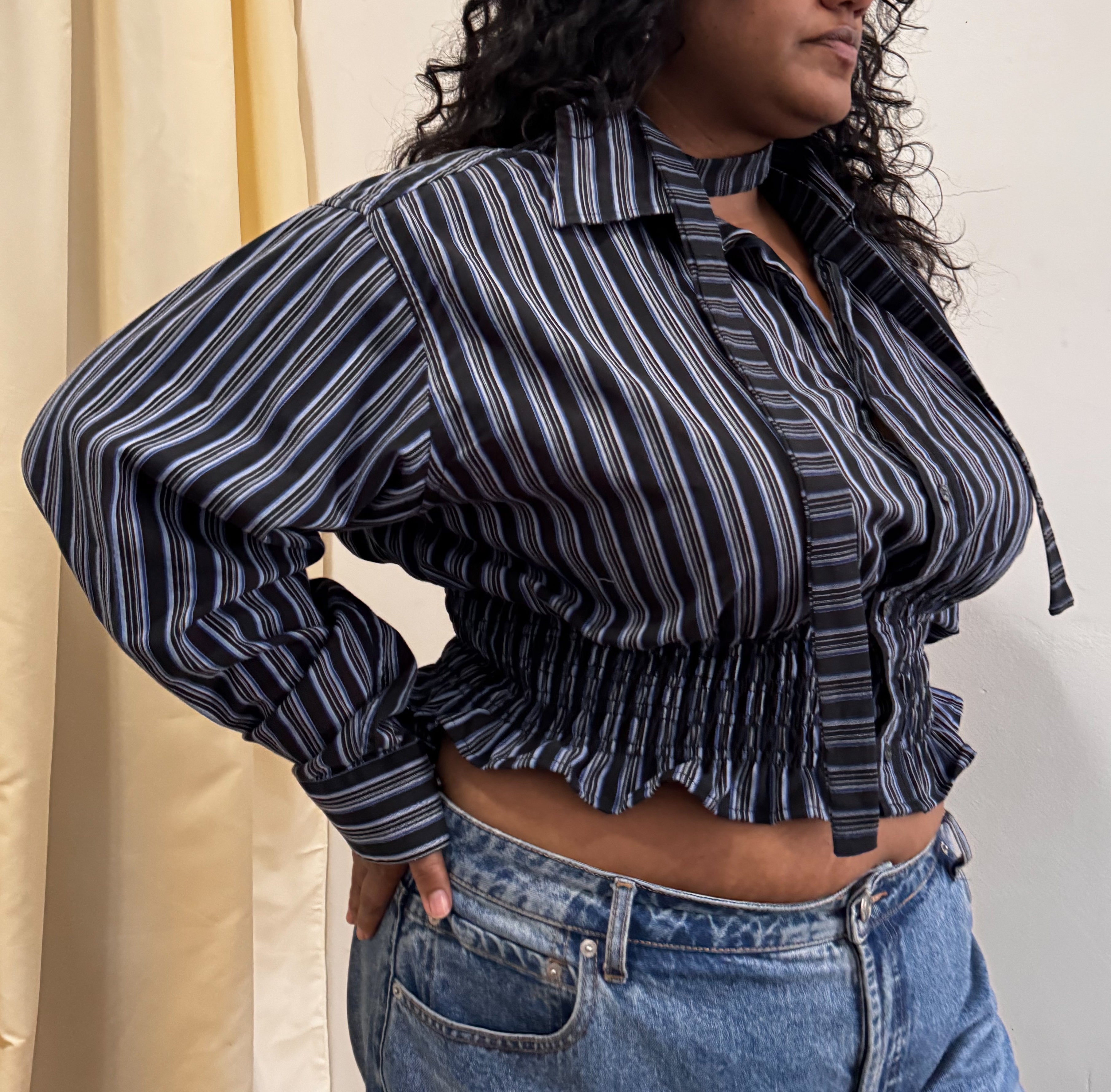 Marielle Top / Black w Blue & White Stripes 1X-2X