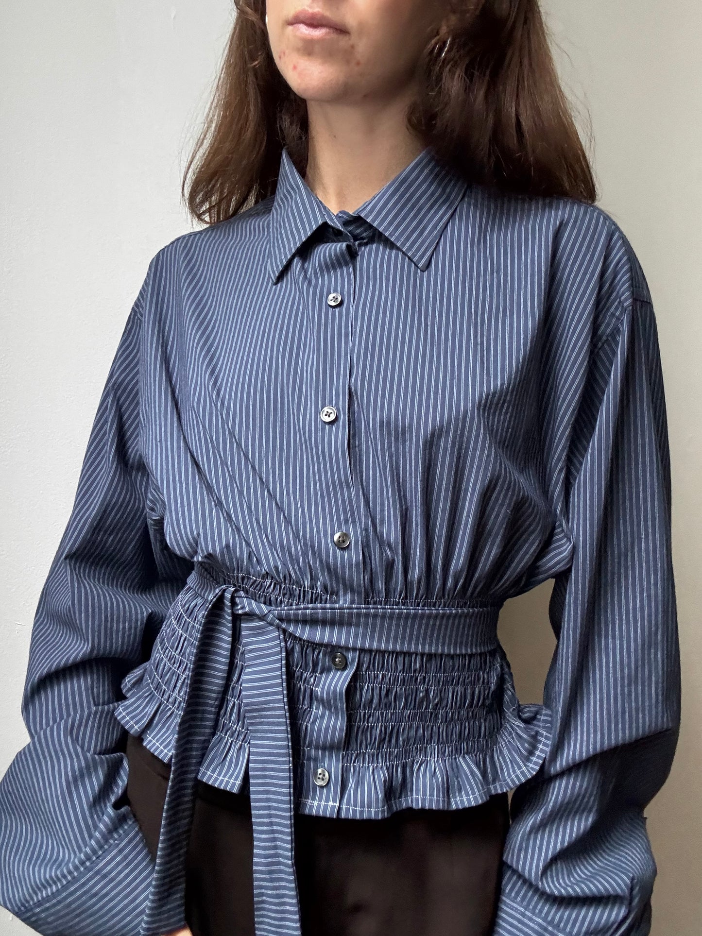 Marielle Top / Blue & Gray Stripes / L-XL