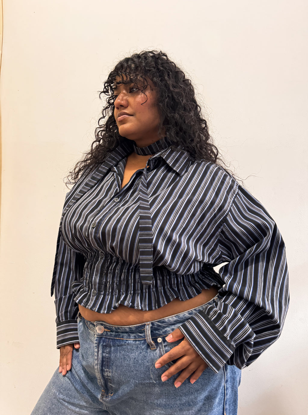 Marielle Top / Black w Blue & White Stripes 1X-2X