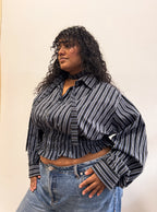 Marielle Top / Black w Blue & White Stripes 1X-2X