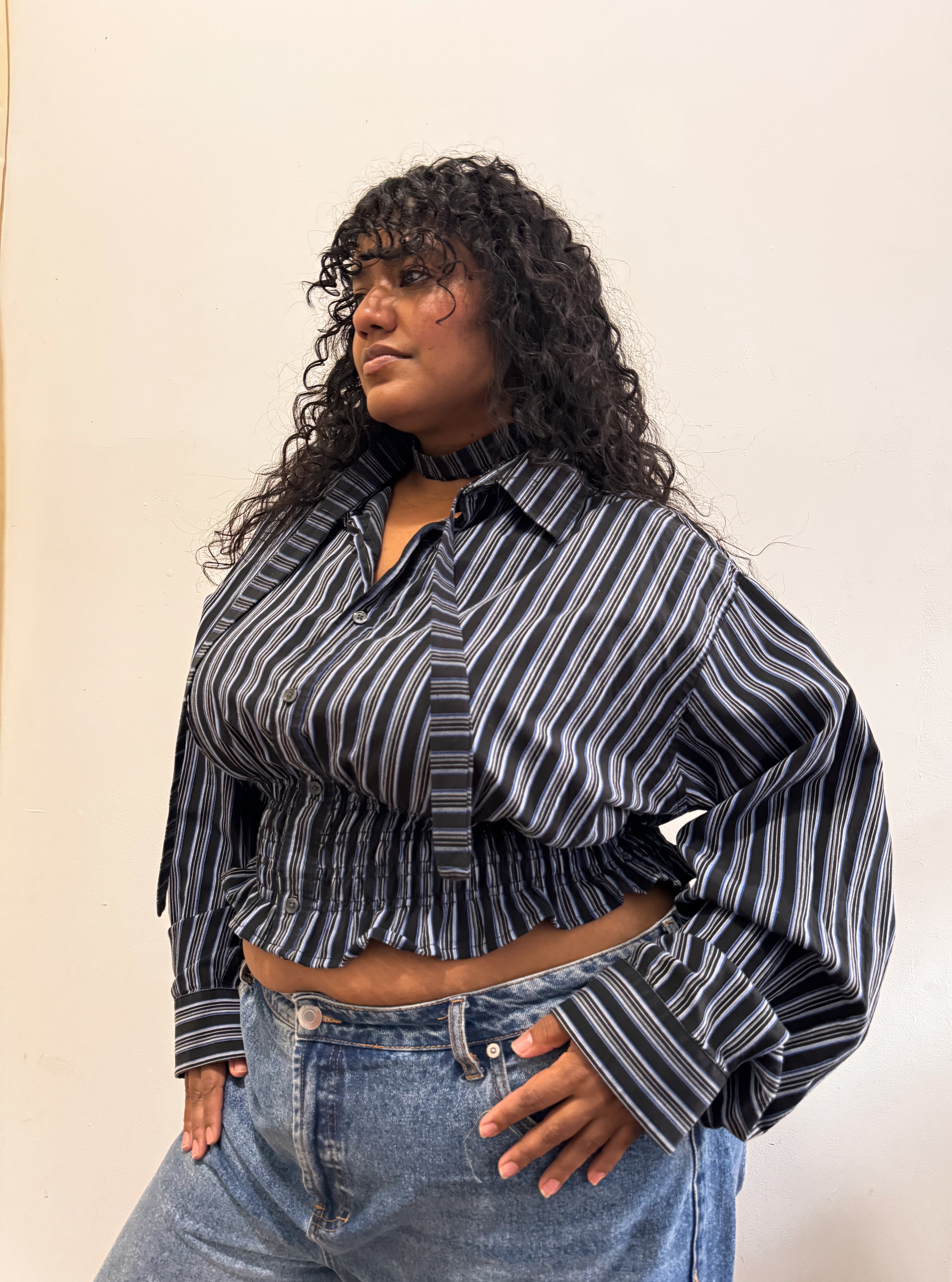 Marielle Top / Black w Blue & White Stripes 1X-2X