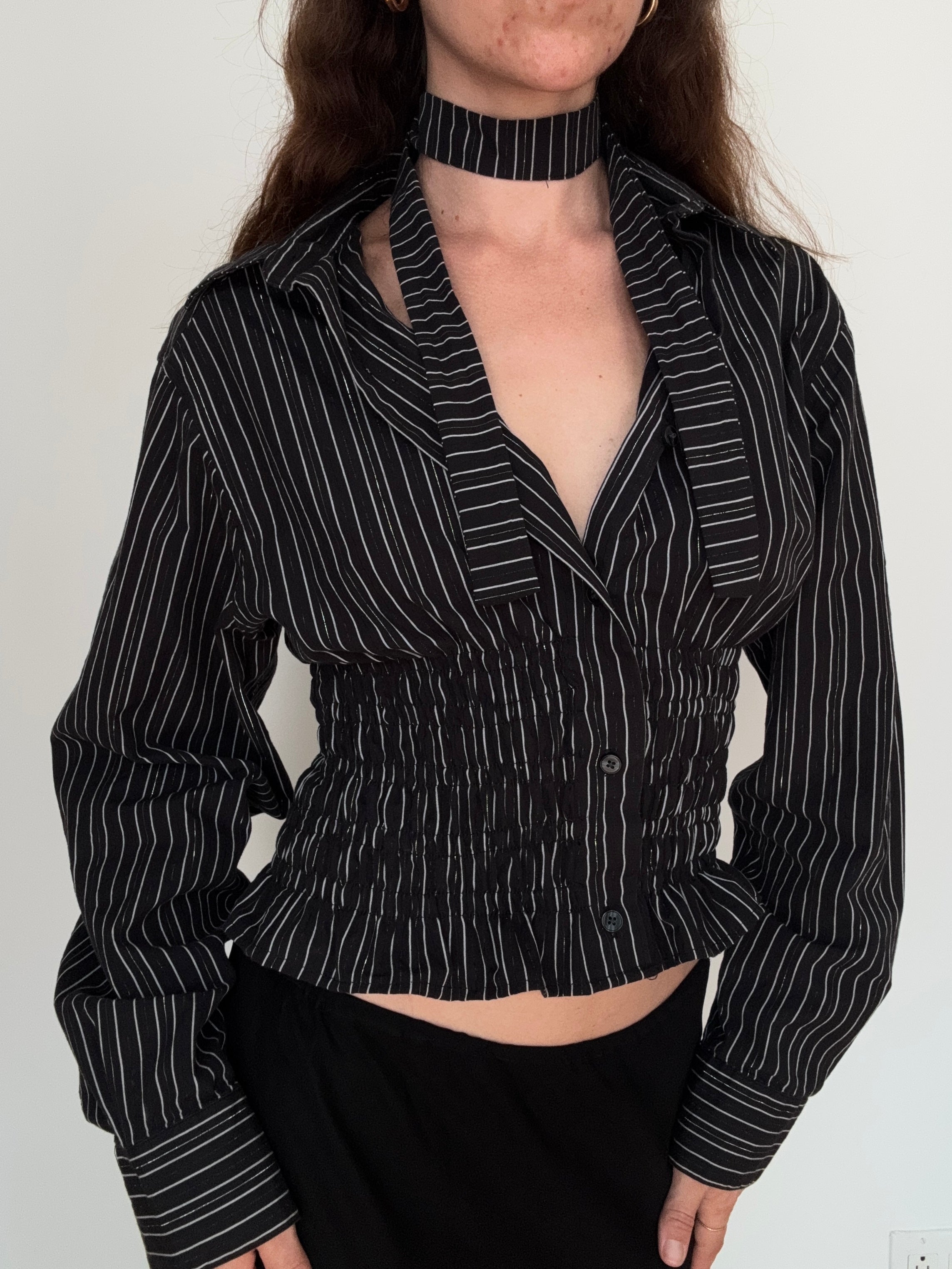 MARIELLE TOP in Black Stripes with Silver Thread (S/M)