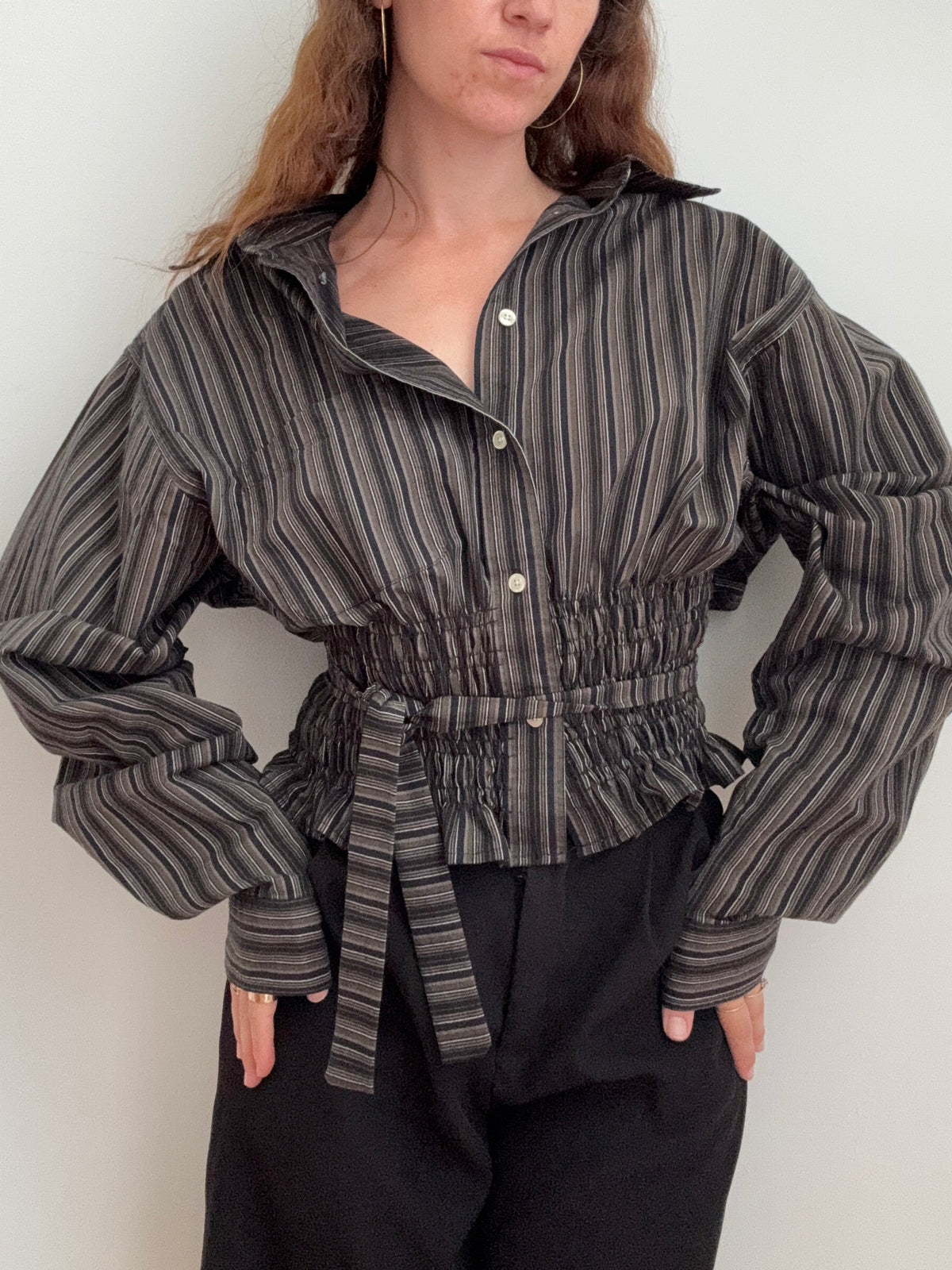 MARIELLE TOP in Gray, Brown & Olive Stripes (M-XL)