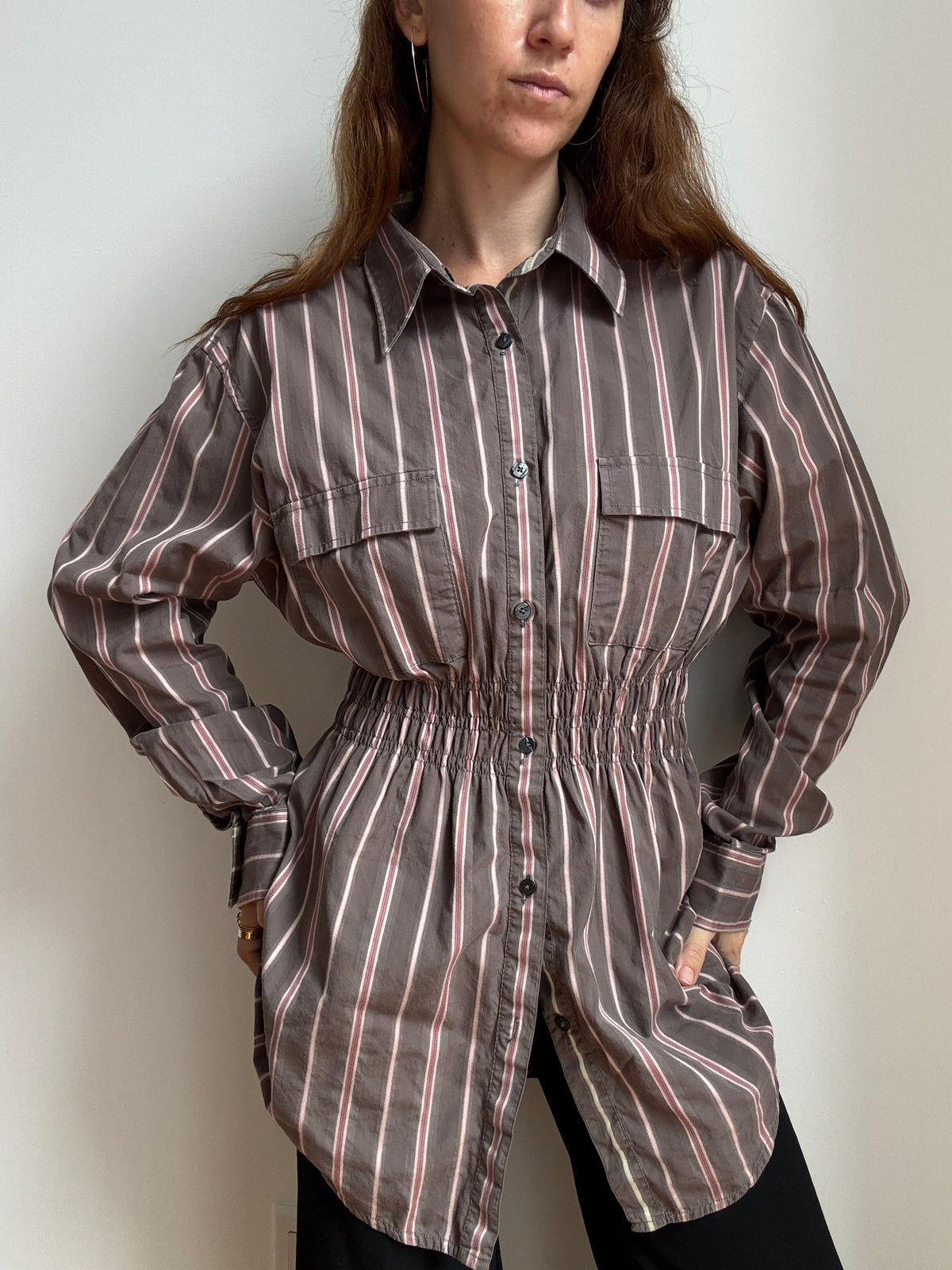 Elodie Top in Mousy Brown & Pink Stripes (L/XL)