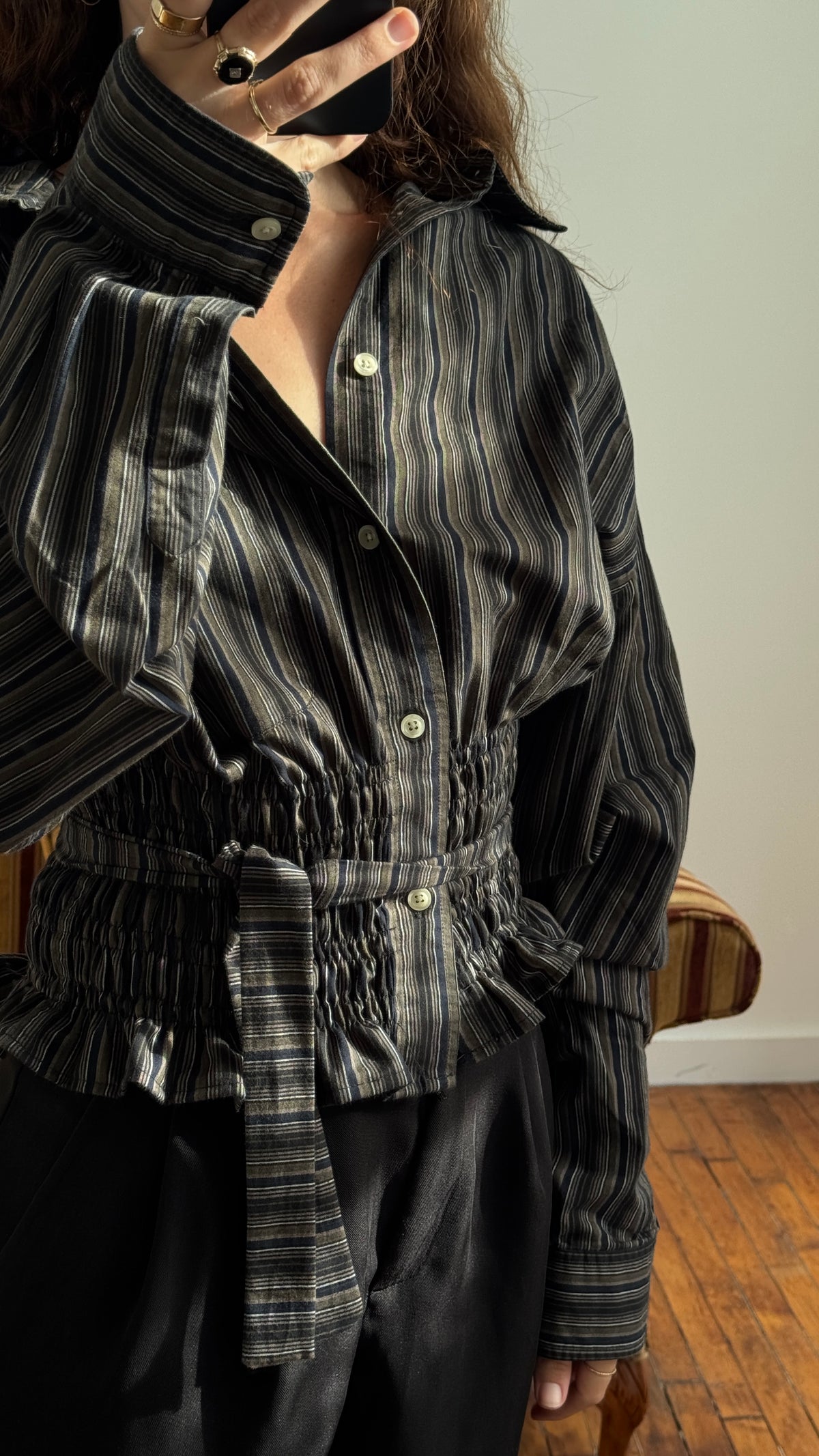 MARIELLE TOP in Gray, Brown & Olive Stripes (M-XL)