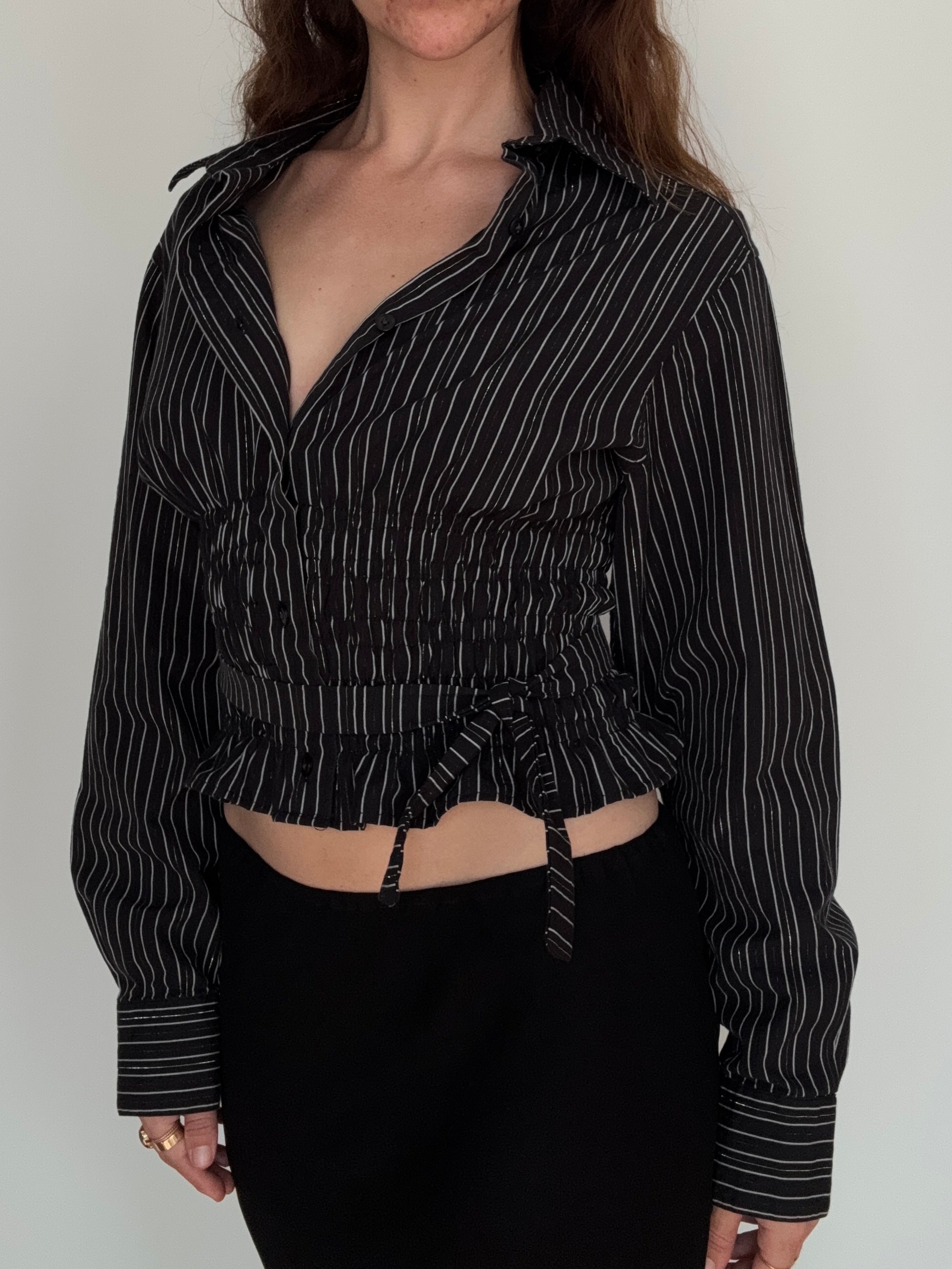 MARIELLE TOP in Black Stripes with Silver Thread (S/M)