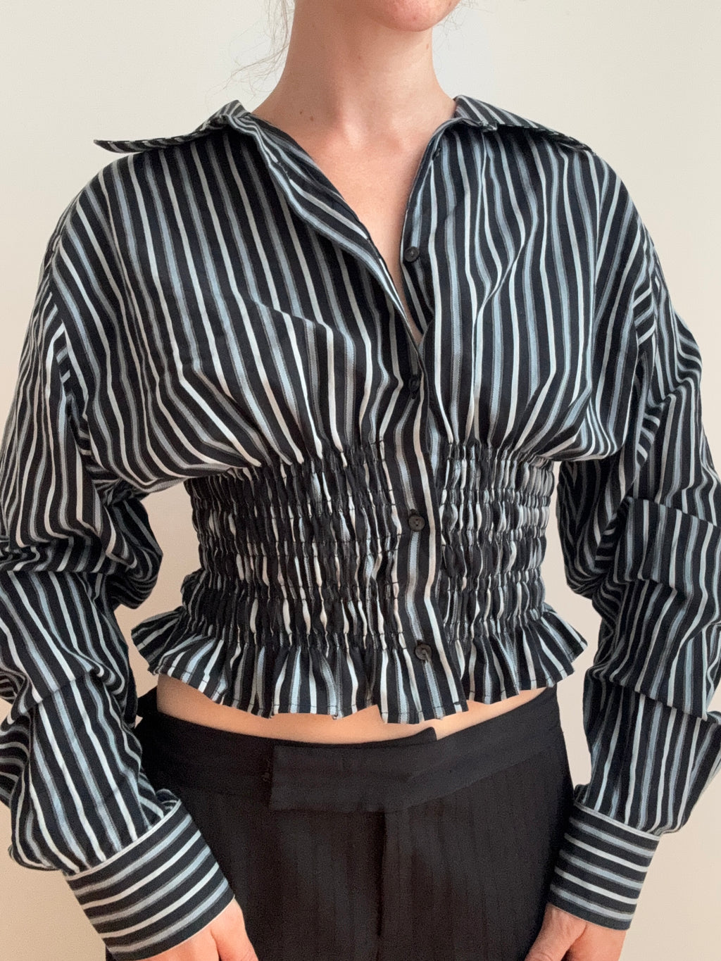 MARIELLE TOP in Black & Light Blue Stripes (S/M)