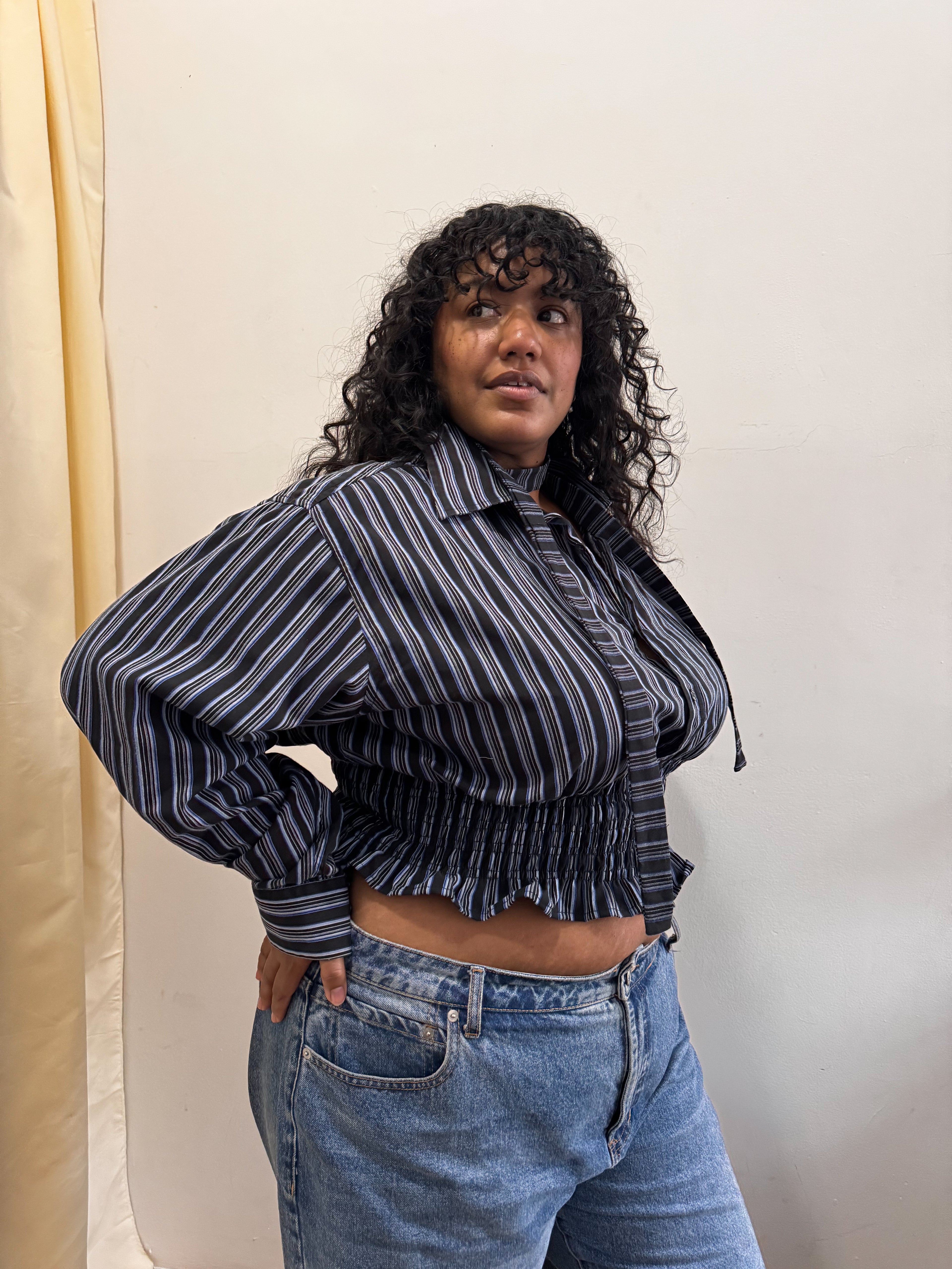 Marielle Top / Black w Blue & White Stripes 1X-2X