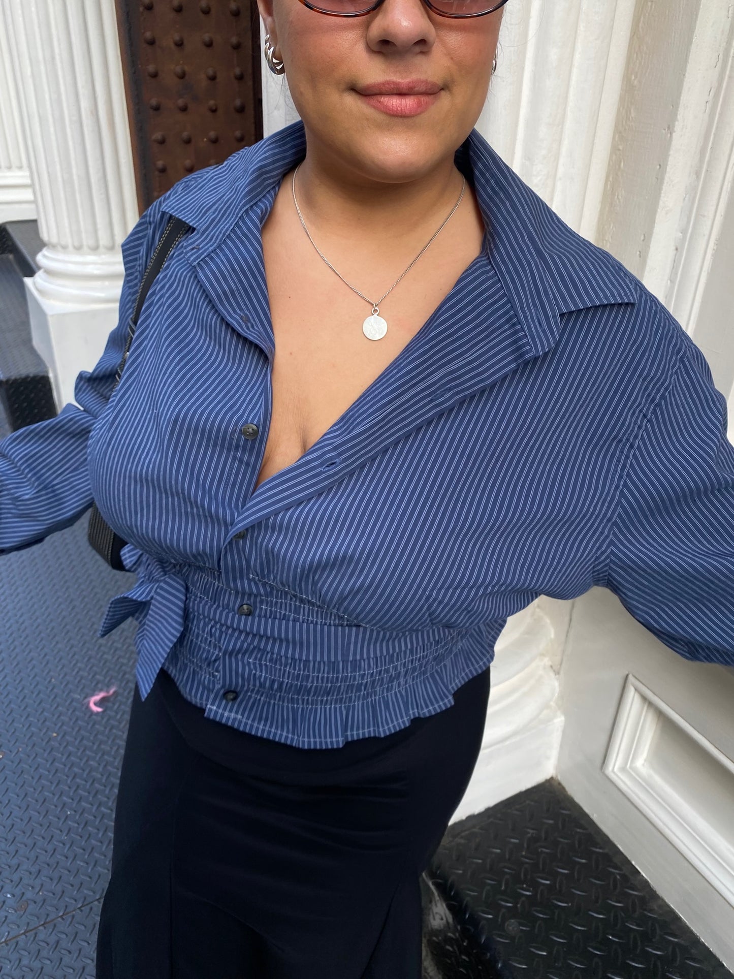 Marielle Top / Blue & Gray Stripes / L-XL