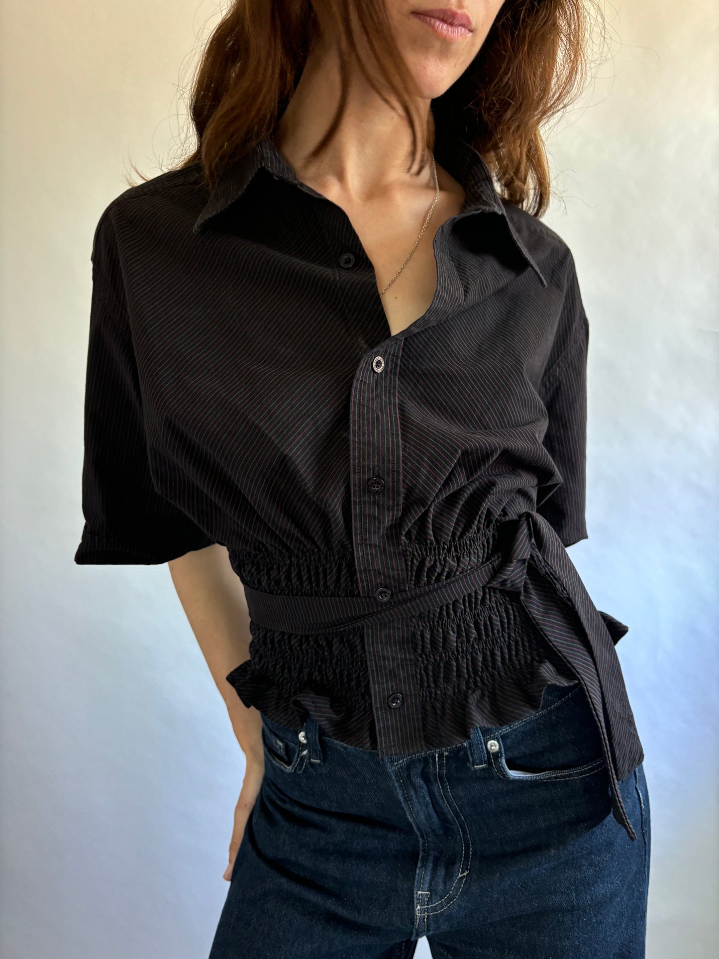 Marielle Top / Black Subtle Pink & Green Stripes Short Sleeve/ ML