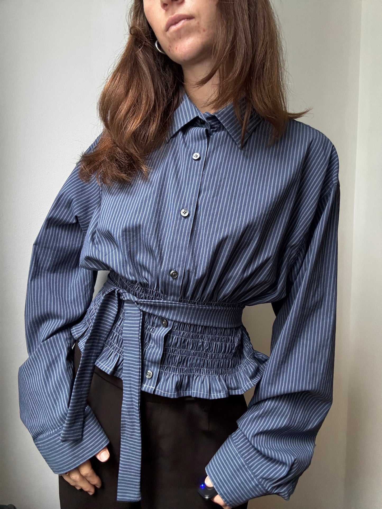 Marielle Top / Blue & Gray Stripes / L-XL