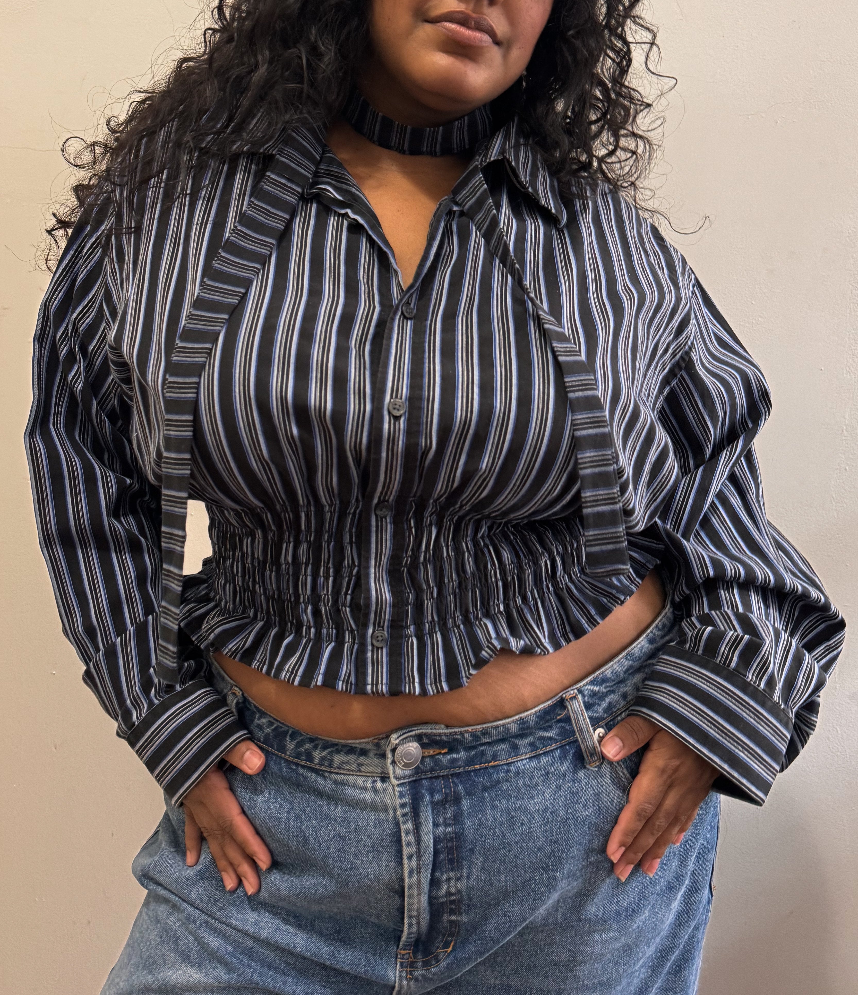 Marielle Top / Black w Blue & White Stripes 1X-2X