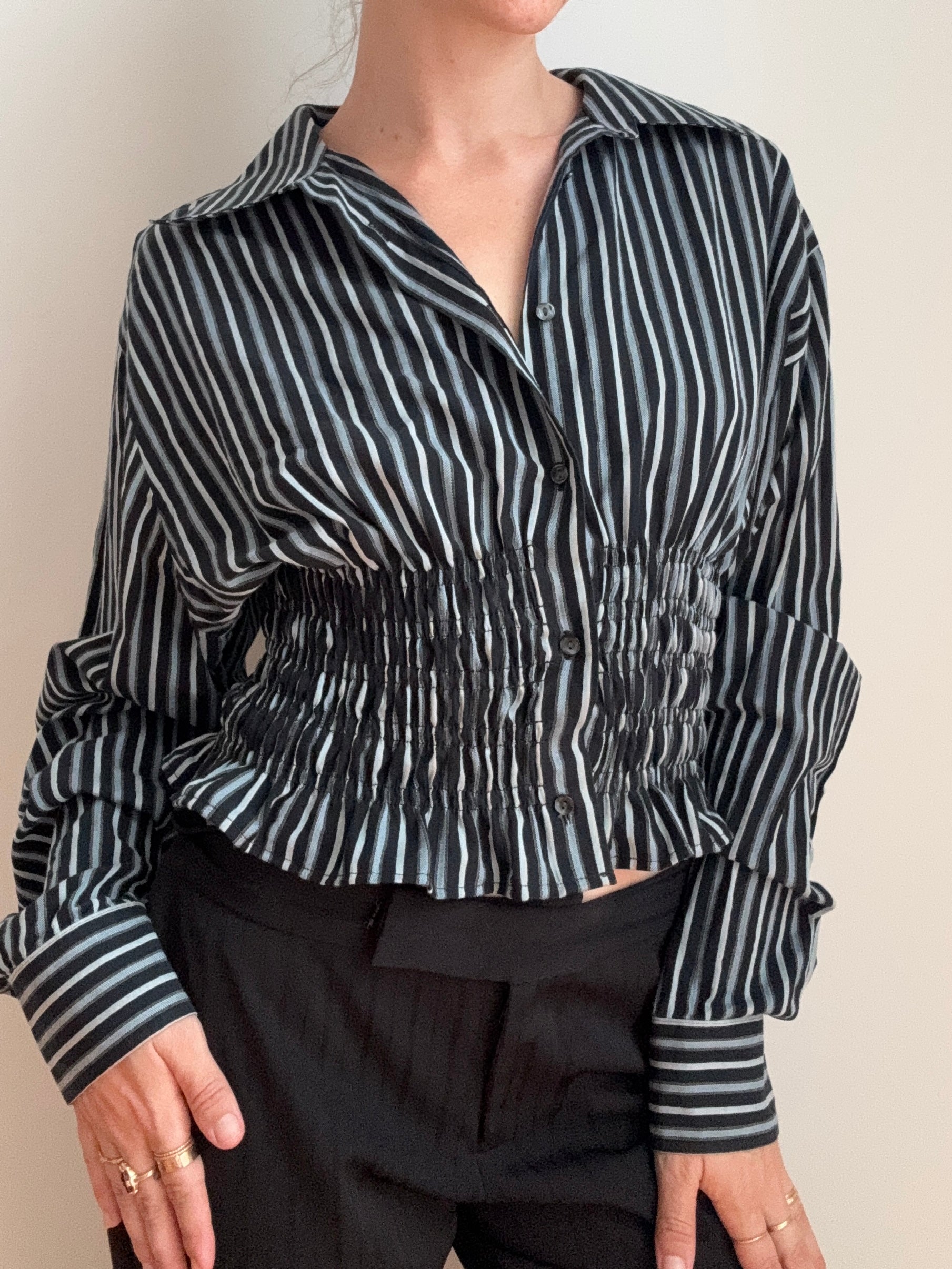 MARIELLE TOP in Black & Light Blue Stripes (S/M)