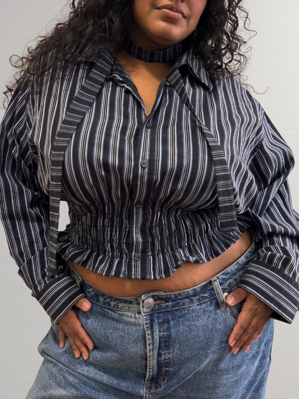 Marielle Top / Black w Blue & White Stripes 1X-2X