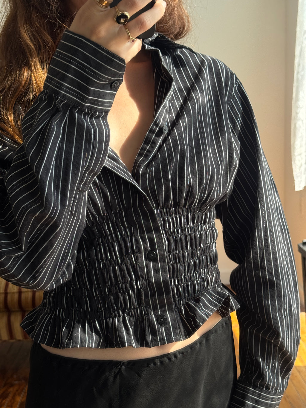 MARIELLE TOP in Black Stripes with Silver Thread (S/M)