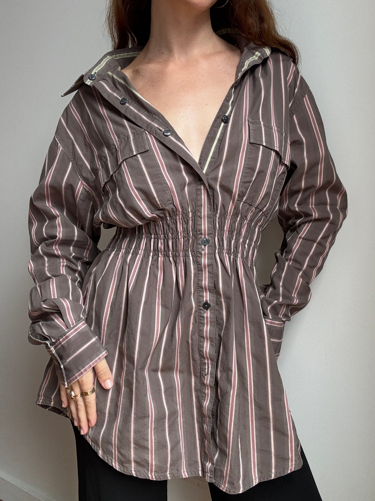 Elodie Top in Mousy Brown & Pink Stripes (L/XL)