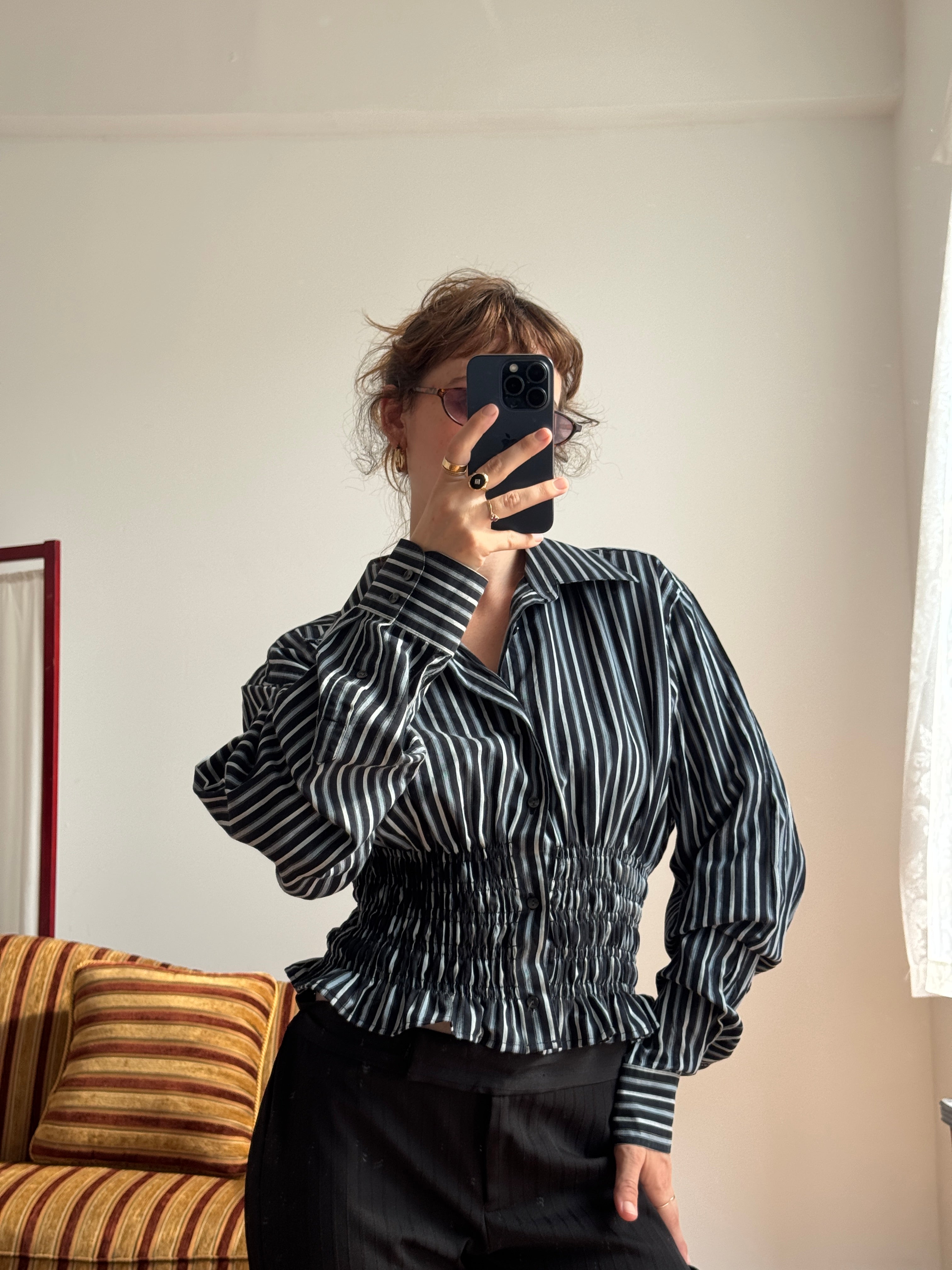 MARIELLE TOP in Black & Light Blue Stripes (S/M)