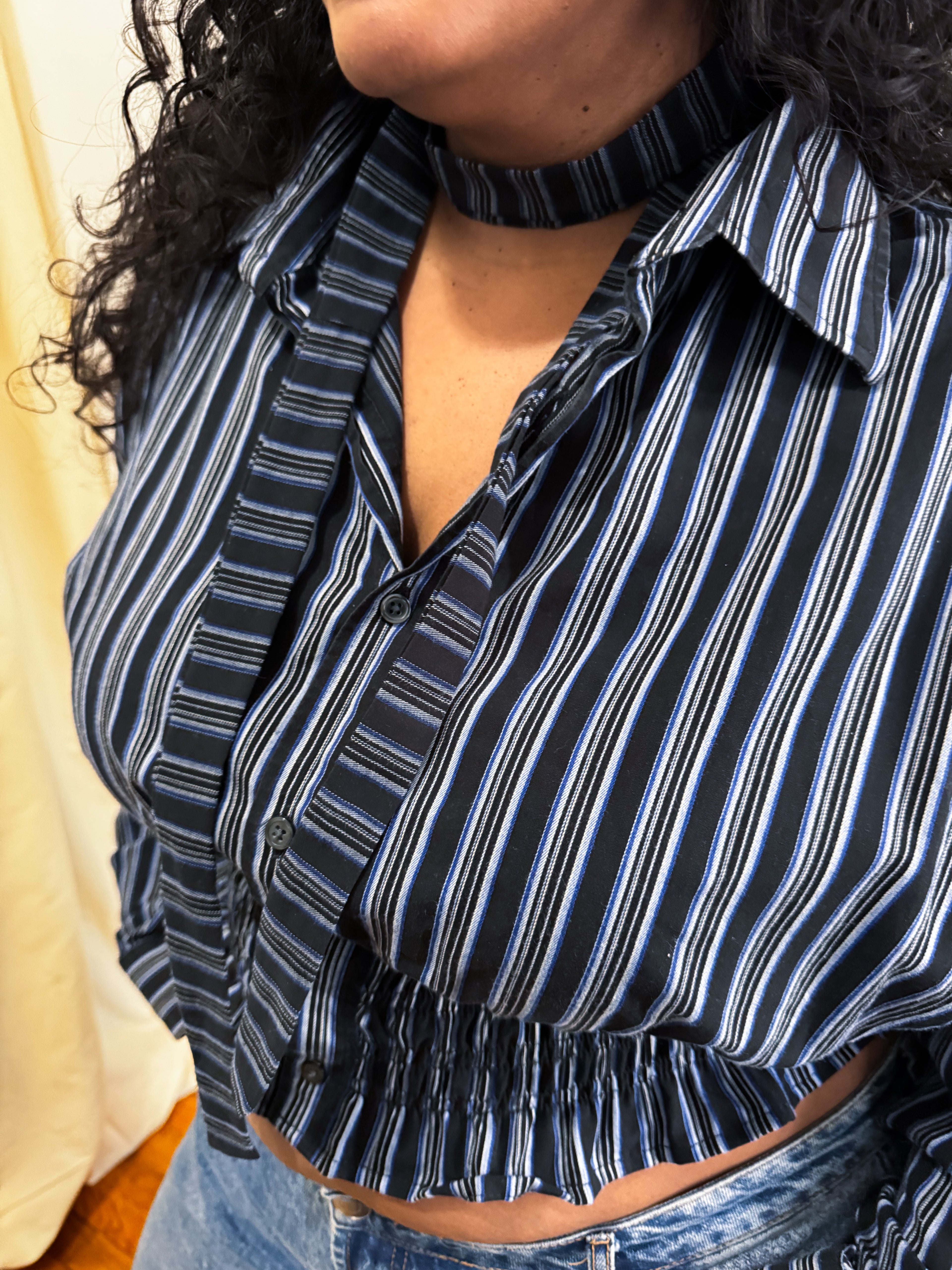 Marielle Top / Black w Blue & White Stripes 1X-2X