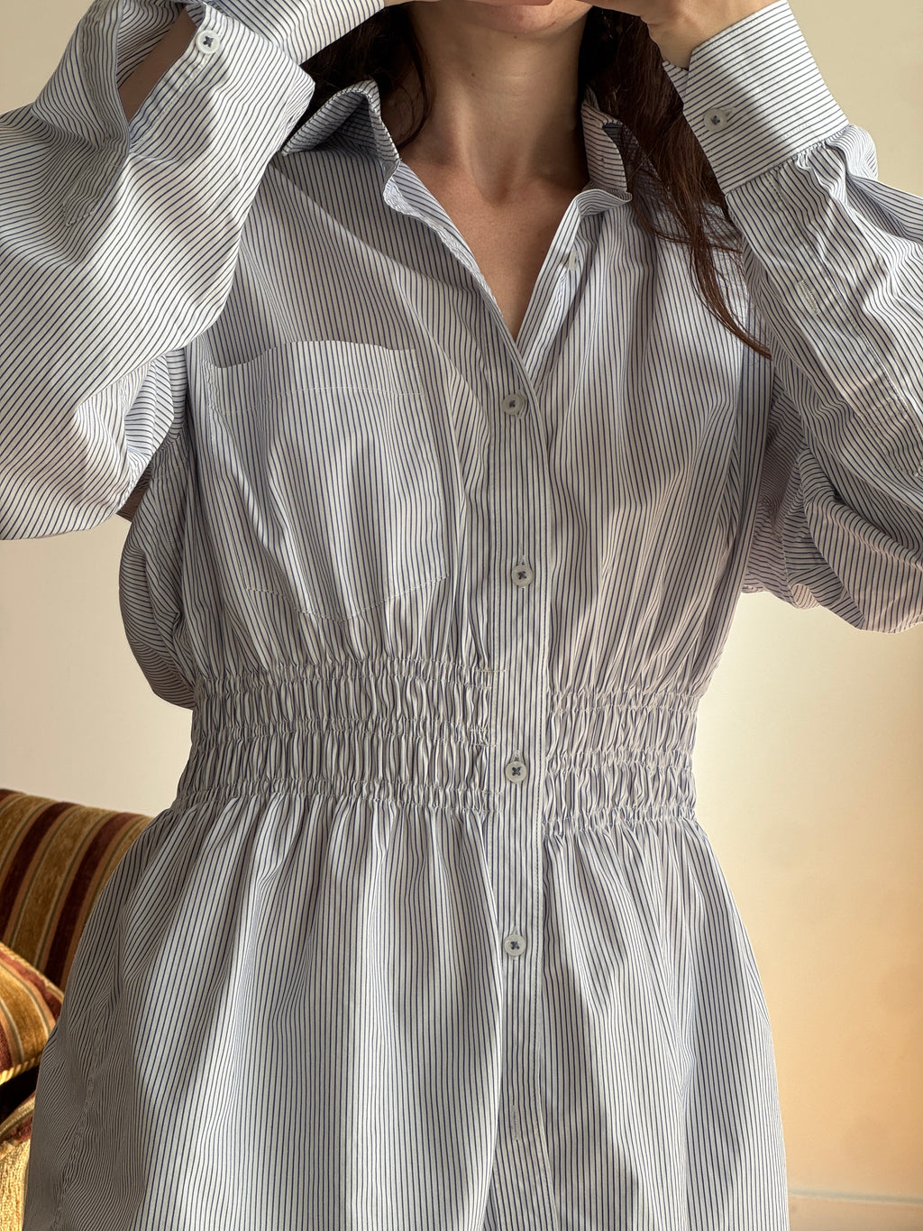 Elodie Top in Blue & White PinStripes (M/L)