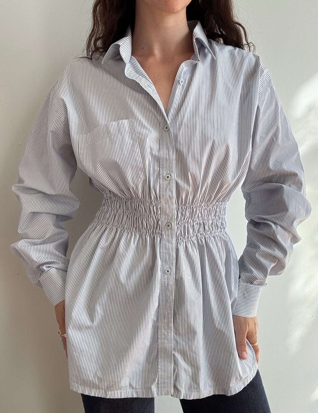 Elodie Top in Blue & White PinStripes (M/L)