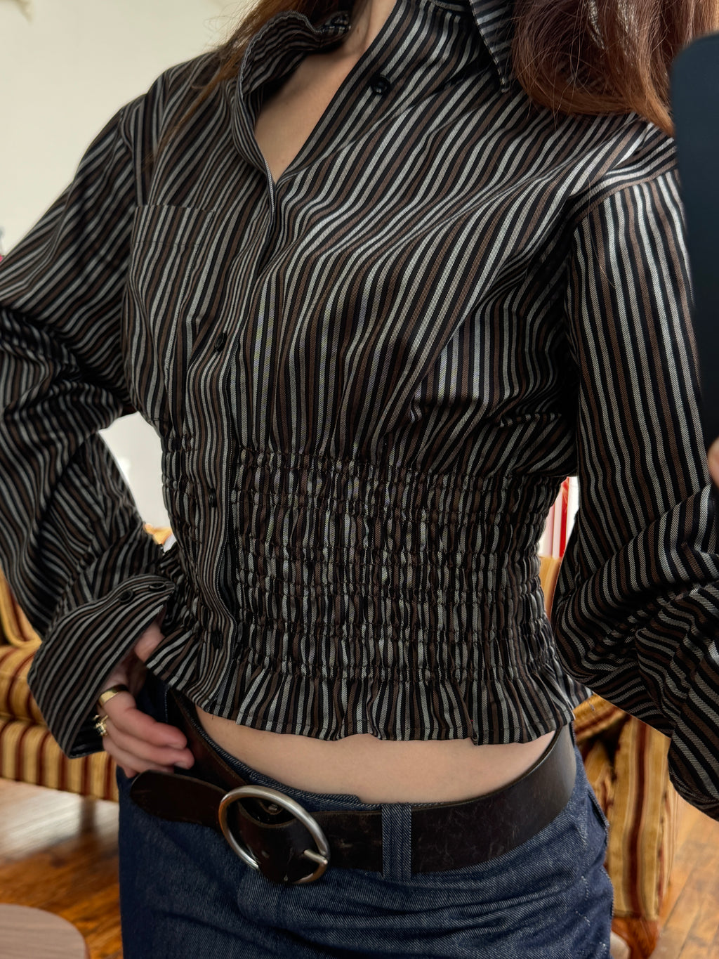MARIELLE TOP in Brown & Gray Stripes (M/L)