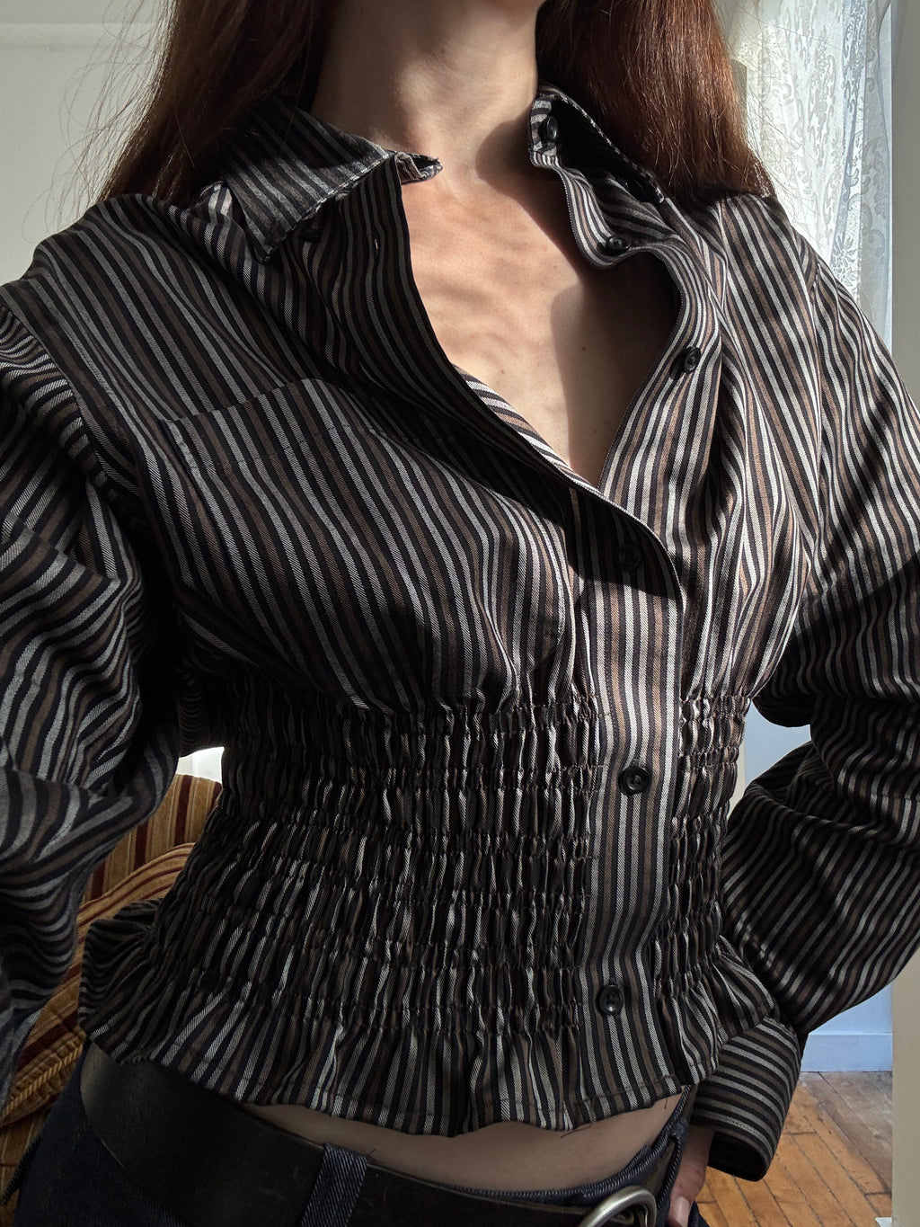 MARIELLE TOP in Brown & Gray Stripes (M/L)