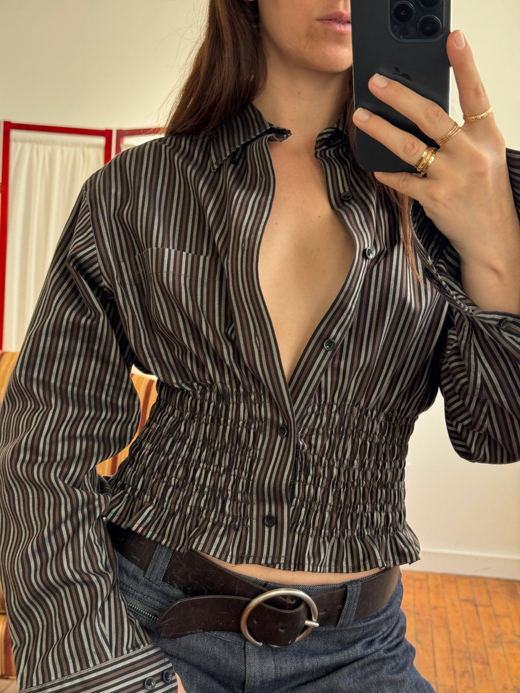 MARIELLE TOP in Brown & Gray Stripes (M/L)